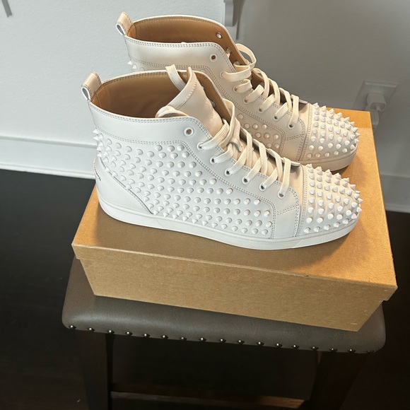 All white Christian Louboutin Louis flat calf/spikes in excellent condition. - Picture 3 of 5